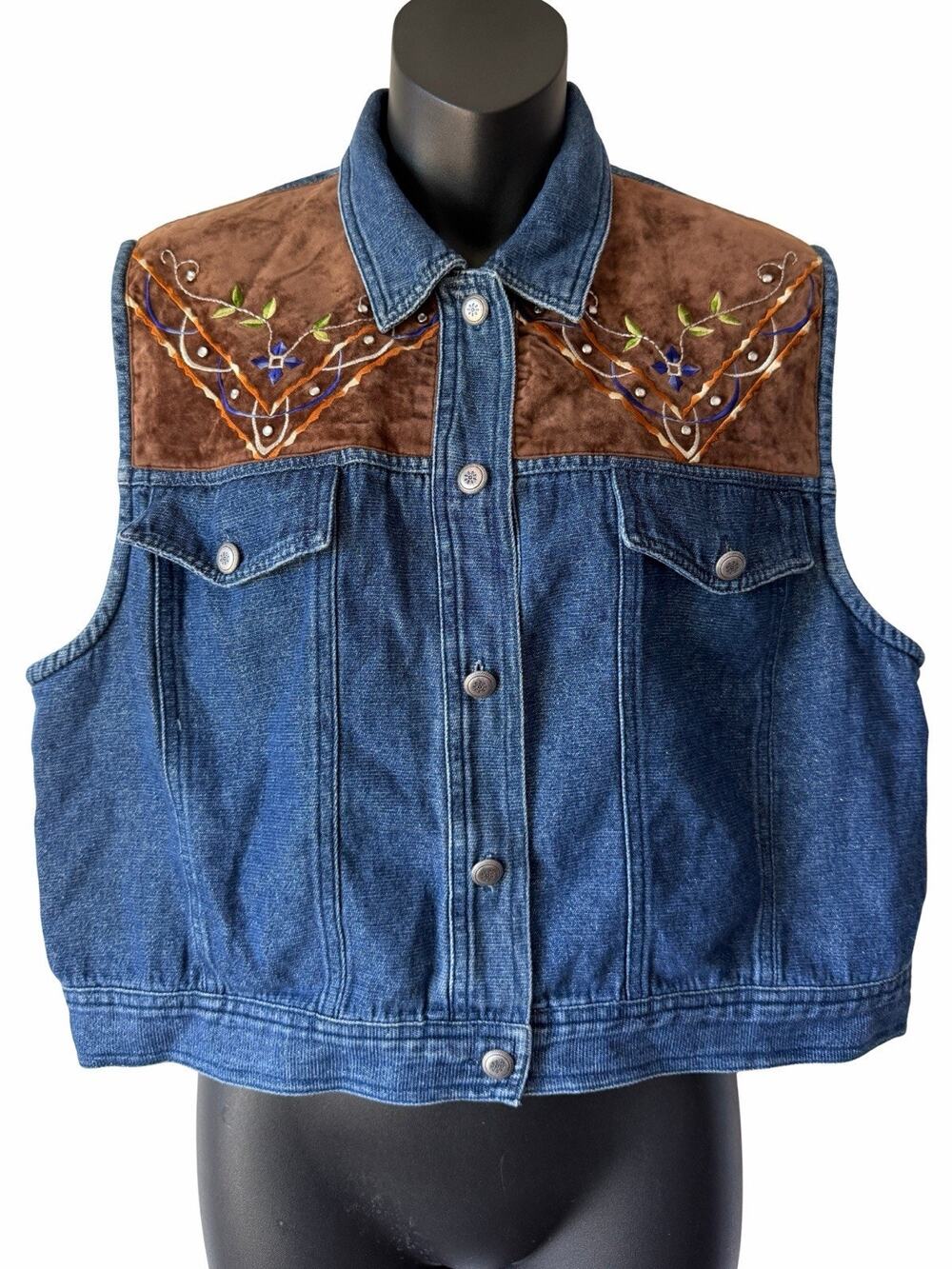Stonebridge Denim Suede Vest Womens XL Brown Blue Embroidered Western Y2K 90s